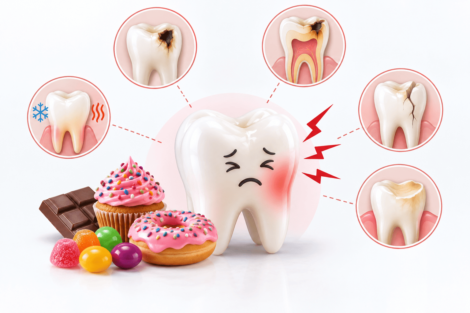 Sugar and tooth decay causing cavity and tooth sensitivity